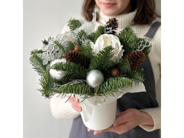 Ароматная композиция в керамическом кашпо с нобилисом (датской елью), шишками и хлопком