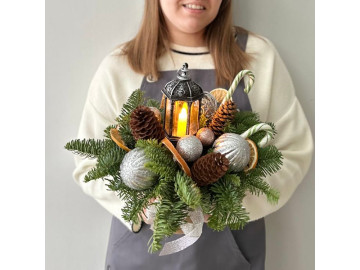 Композиция из нобилиса в кашпо с фонариком